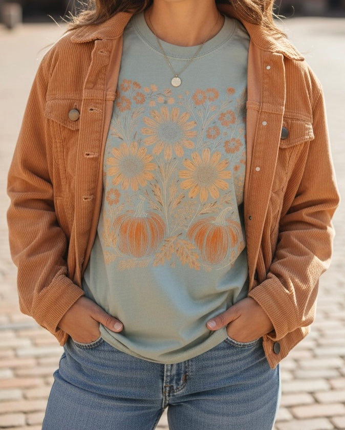 A person wearing a tan corduroy jacket over a sage green graphic t-shirt with a sunflower and pumpkin print, paired with blue jeans.