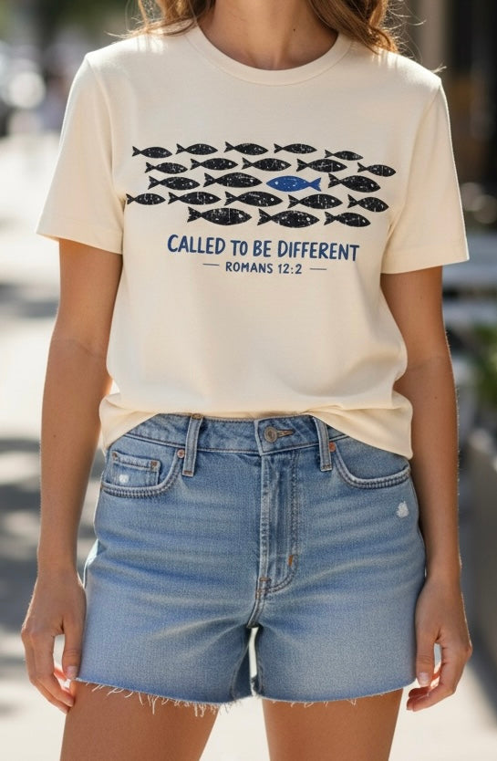 Called to be different. Romans 12:2. One fish swimming the other direction. Cream T-shirt with black and blue print.