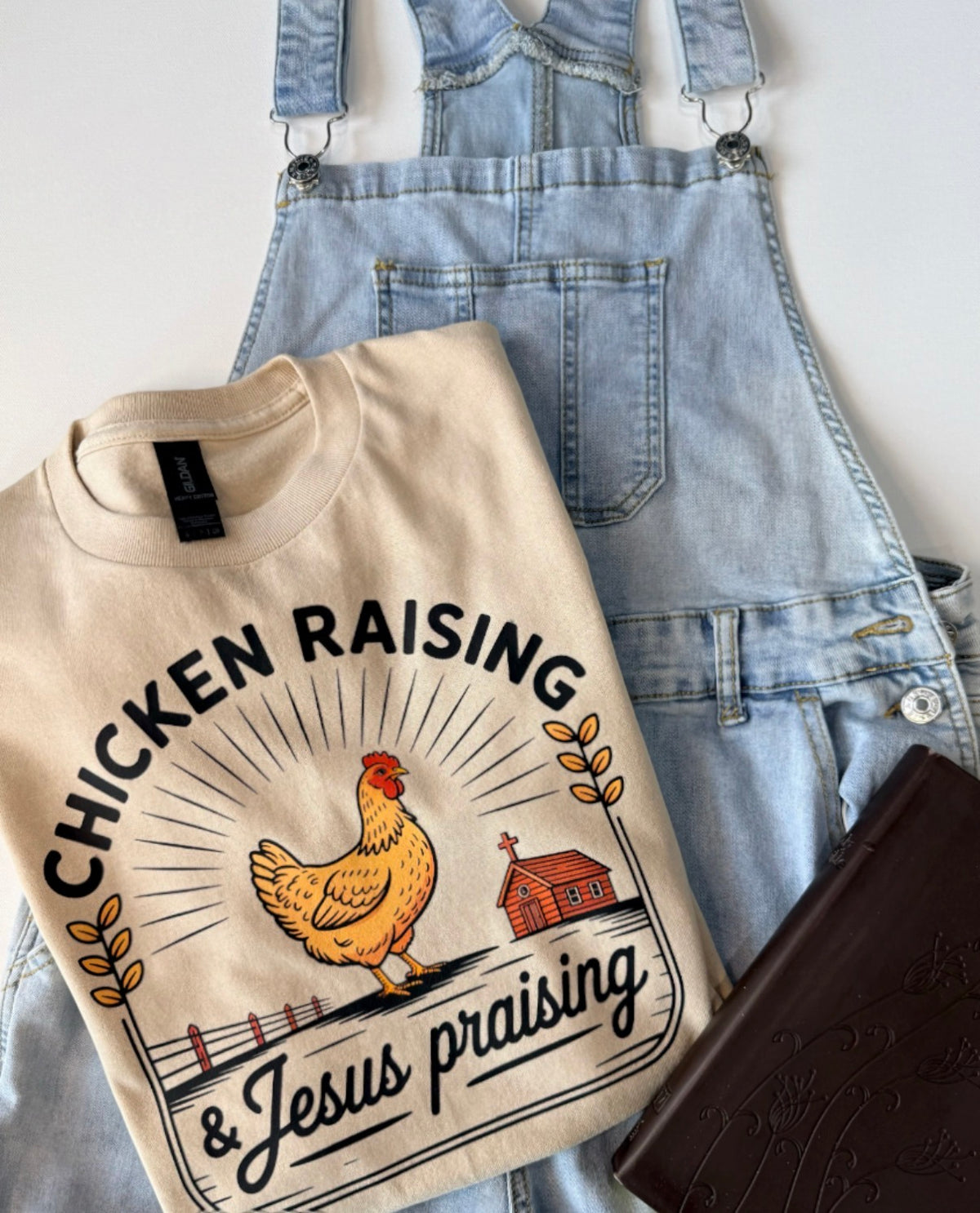 Chicken Raising and Jesus Praising Christian Graphic T-Shirt – Tan | Free Shipping