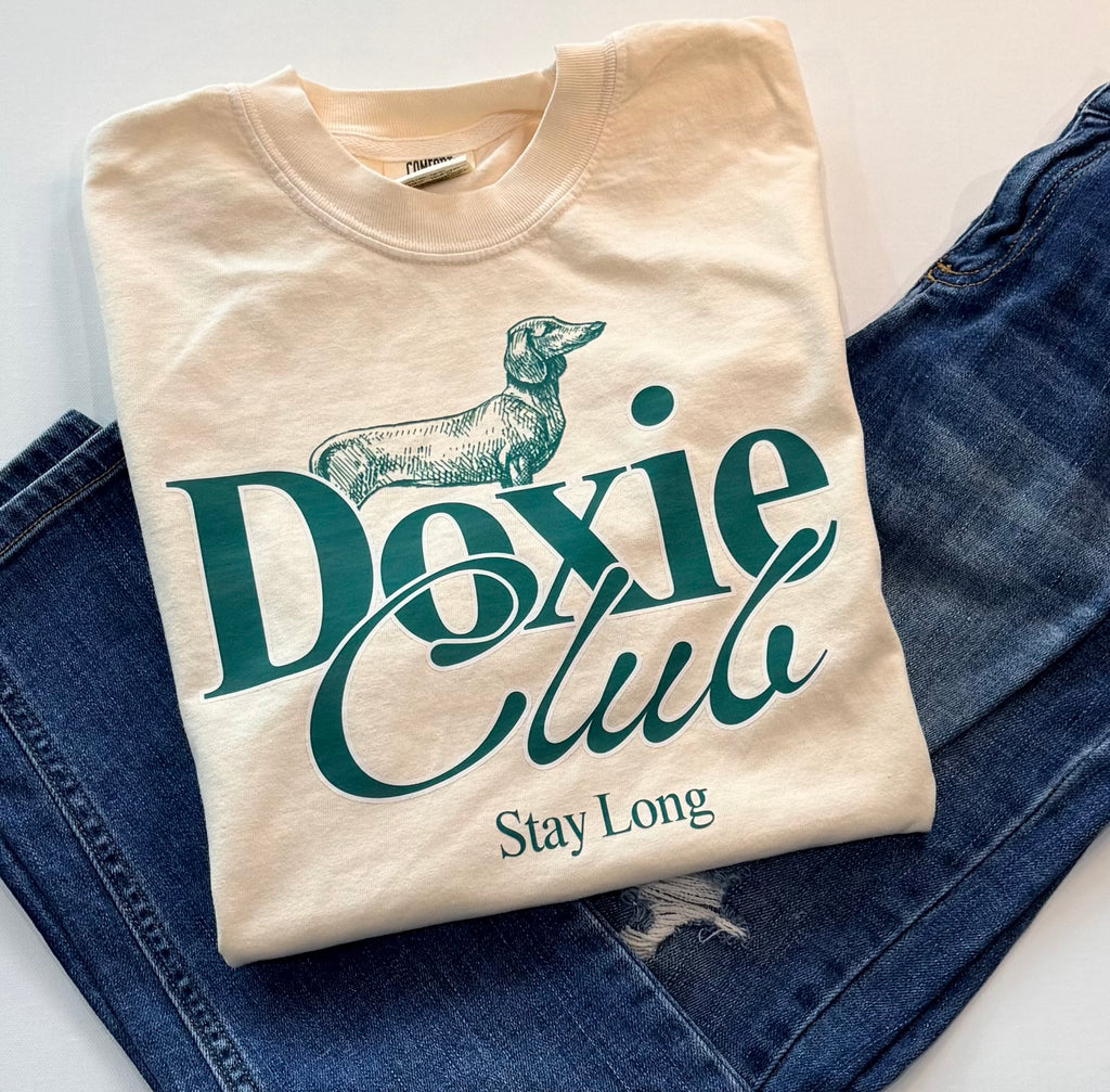 Doxie Club Stay Long Dachshund Graphic T-Shirt – White & Teal | Free Shipping