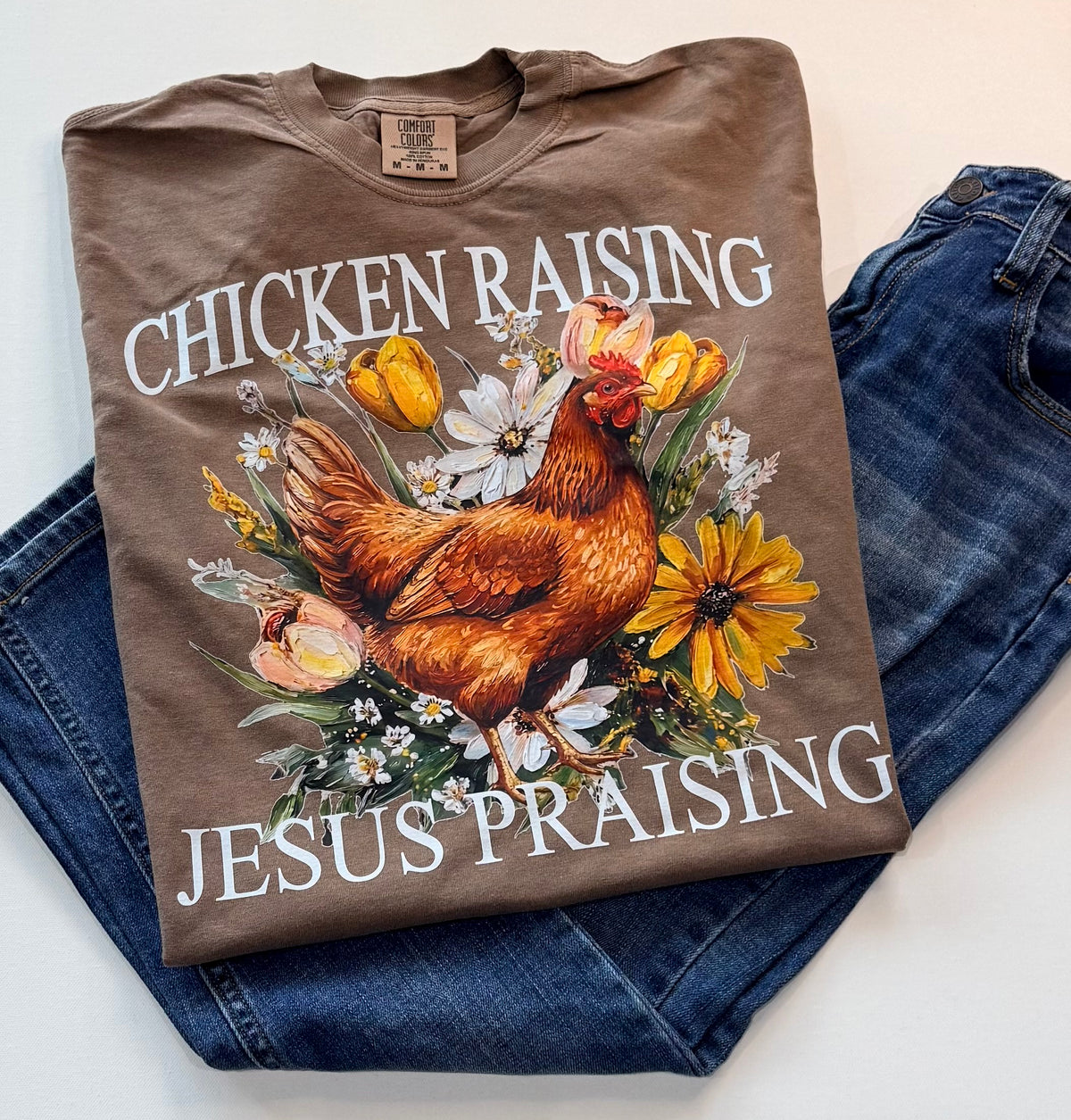 Chicken Raising & Jesus Praising Christian T-Shirt – Brown Fall Floral Graphic Tee | Free Shipping