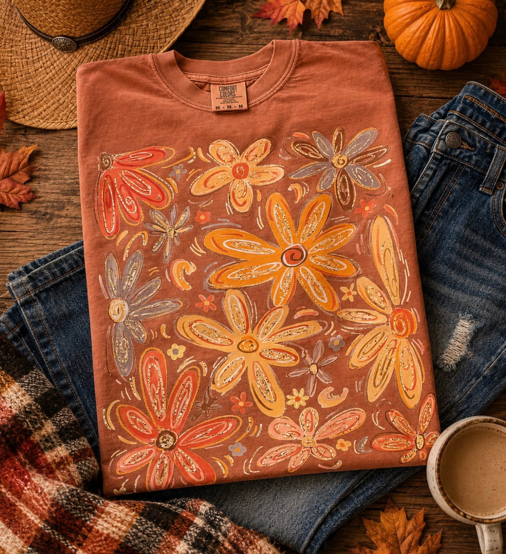 Fall Floral Graphic T-Shirt – Colorful Drawn Floral Autumn Tee | Free Shipping