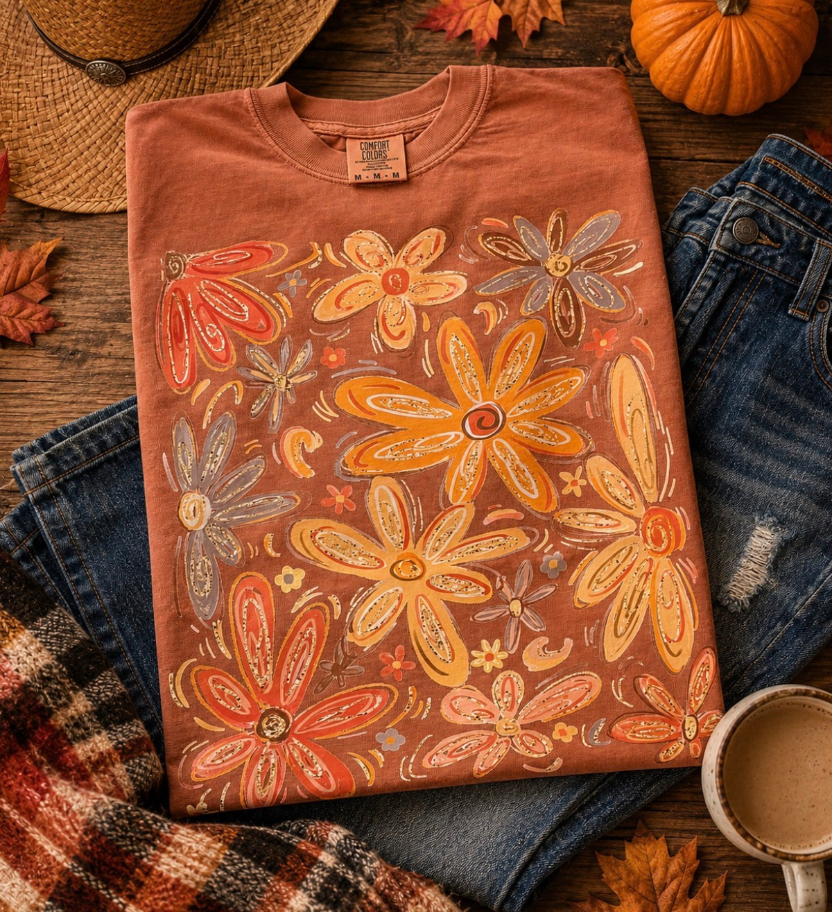 Fall Floral Graphic T-Shirt – Colorful Drawn Floral Autumn Tee | Free Shipping