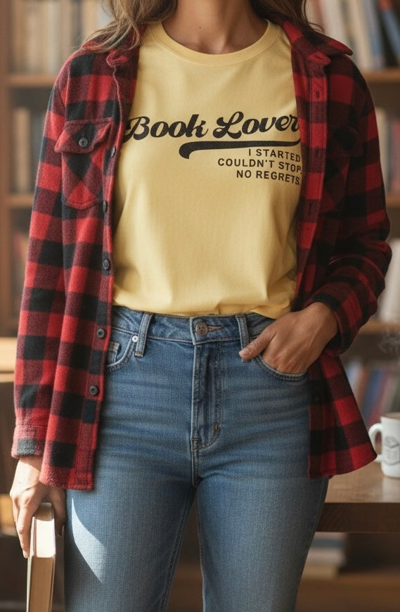 Book Lover Graphic T-Shirt – I Started, Couldn't Stop, No Regrets | Yellow