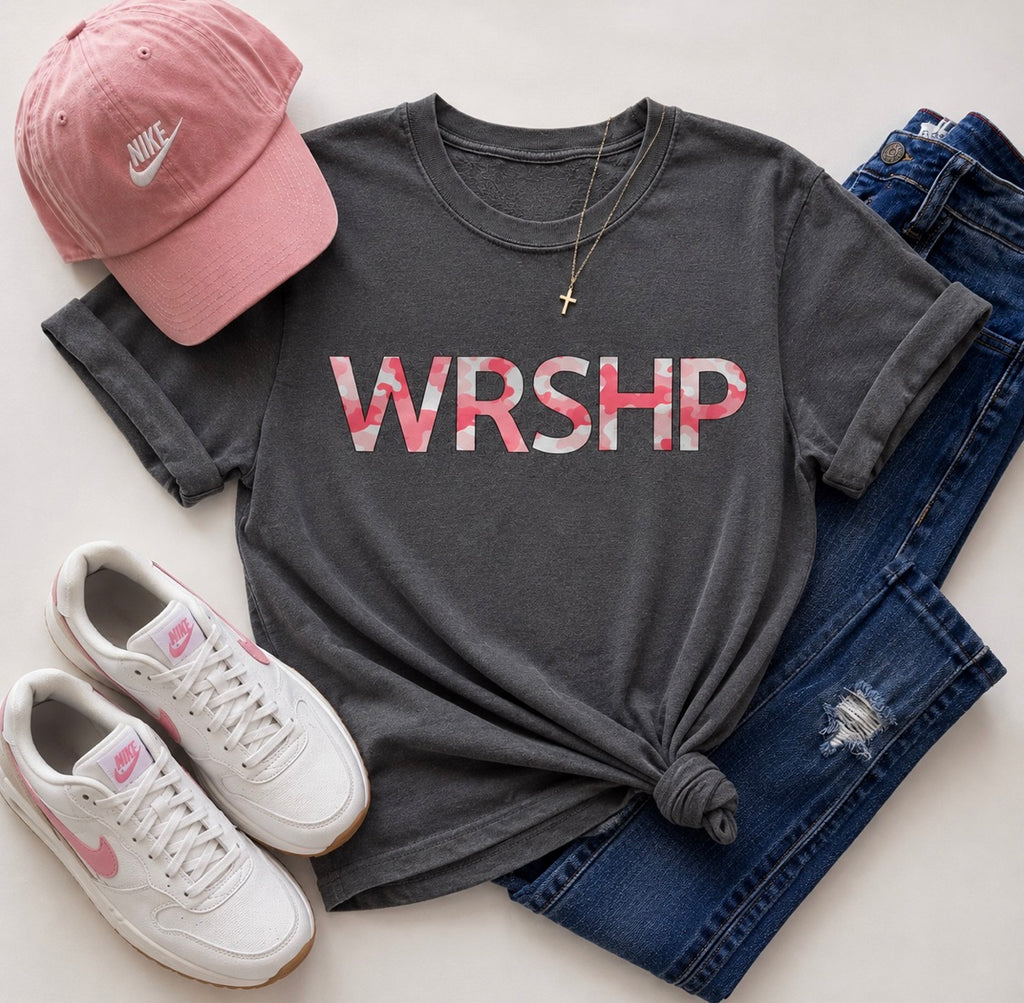 WRSHP Pink Camo Christian Graphic Tee – Gray Comfort Colors
