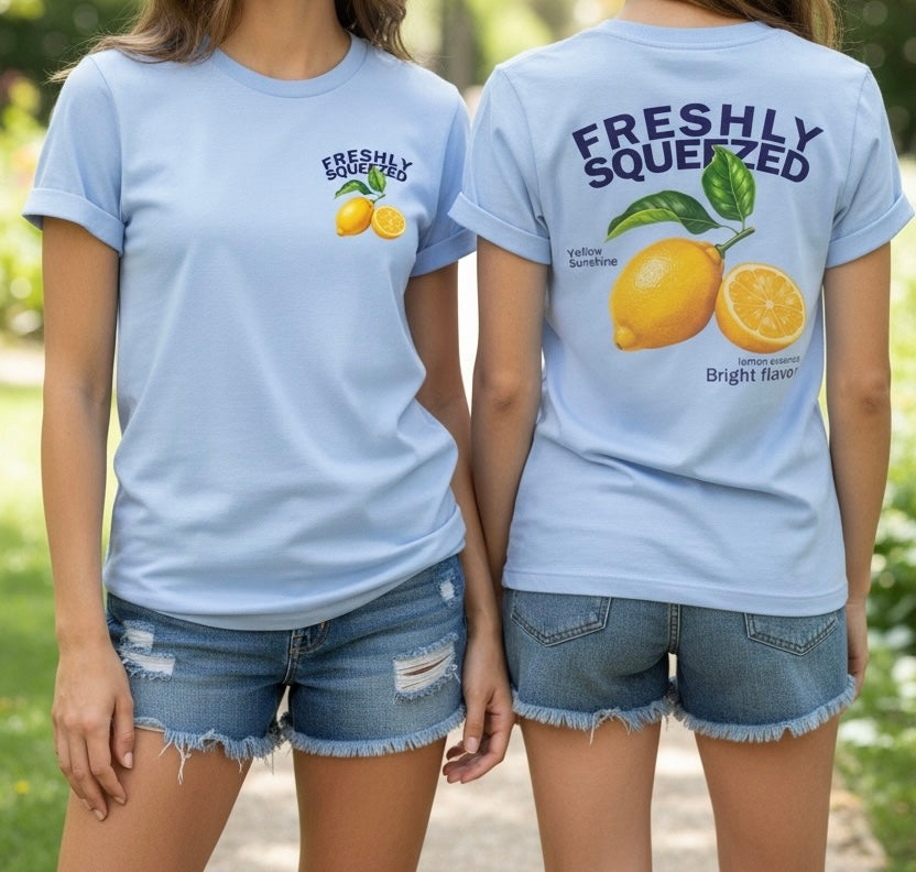 Two models wearing a light blue graphic t-shirt, showing both the front and back designs. The front features a small lemon graphic with the text 'FRESHLY SQUEEZED', and the back features a larger lemon graphic with the text 'FRESHLY SQUEEZED' and 'Yellow Sunshine Bright flavor'.