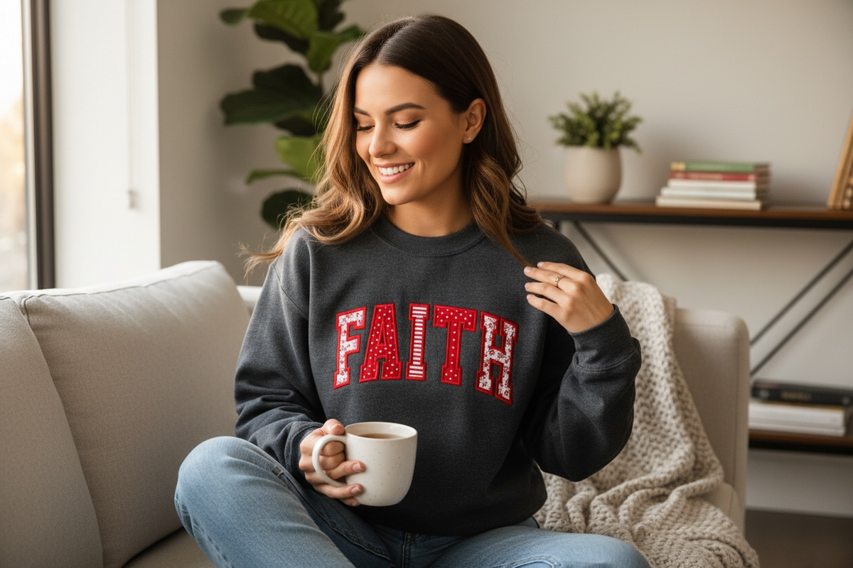 A woman sitting on a beige couch in a cozy living room setting, wearing a dark gray crewneck sweatshirt with the word 'FAITH' in red letters outlined with white dots. She is holding a white mug.