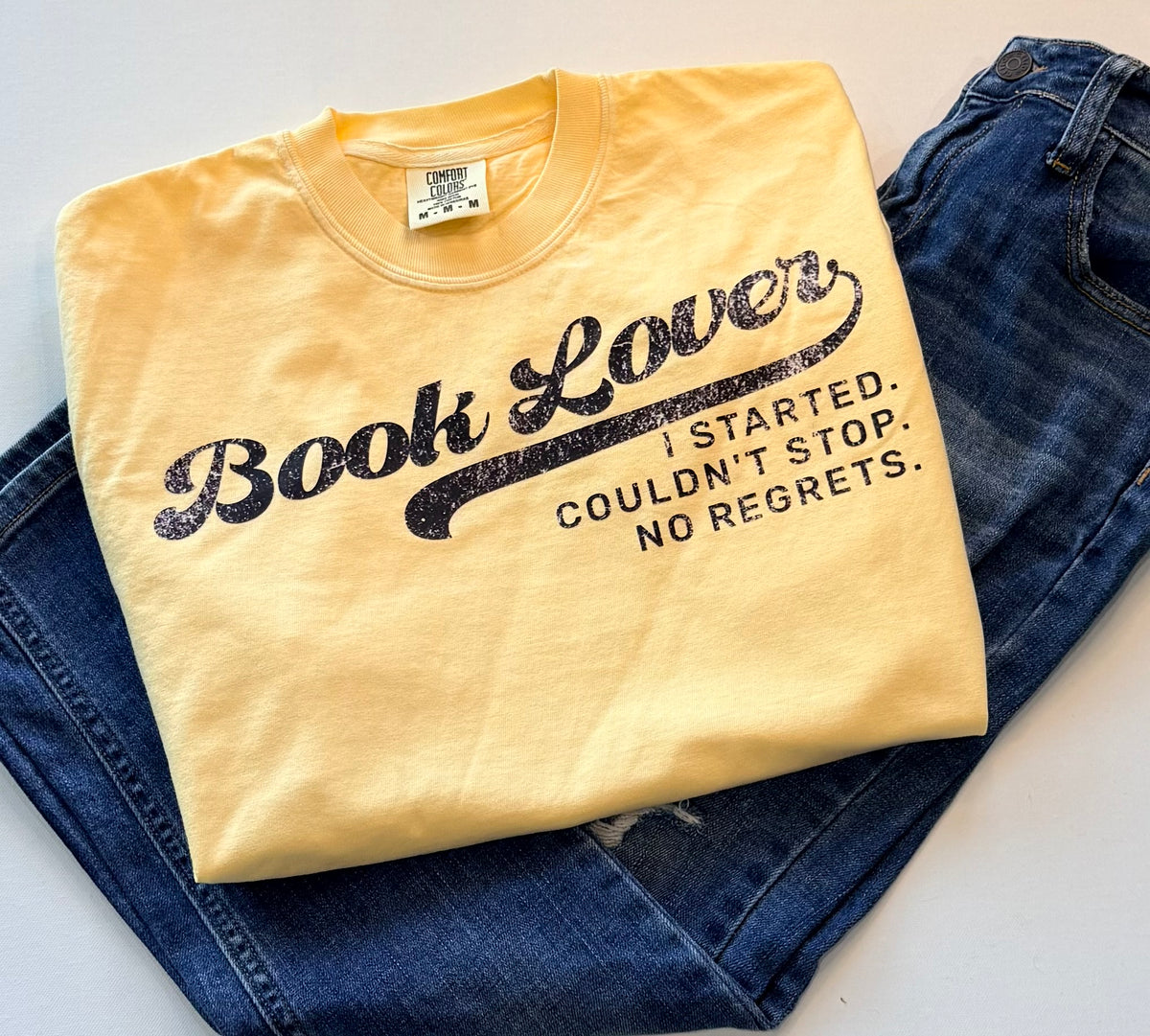 Book Lover Graphic T-Shirt – I Started, Couldn't Stop, No Regrets | Yellow