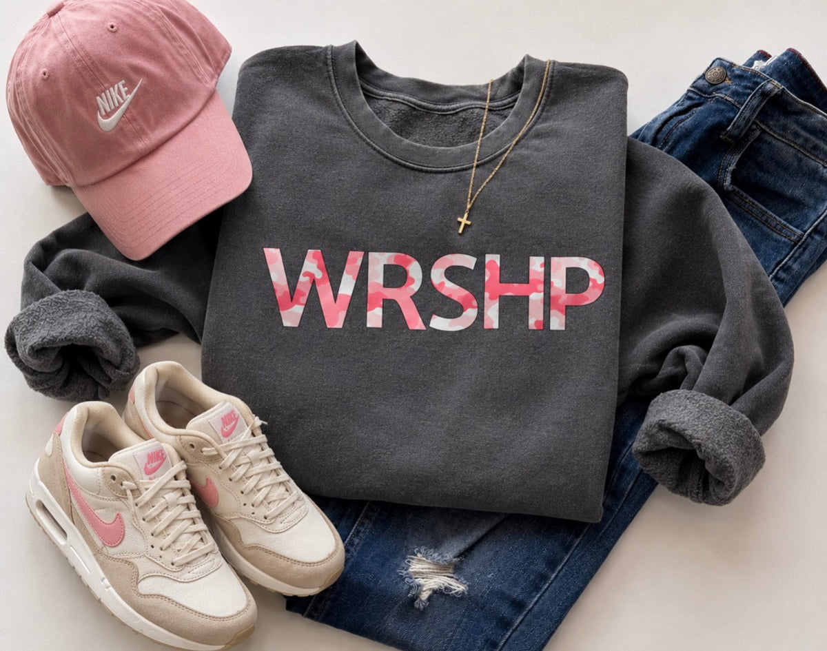 WRSHP Pink Camo Christian Sweatshirt – Gray