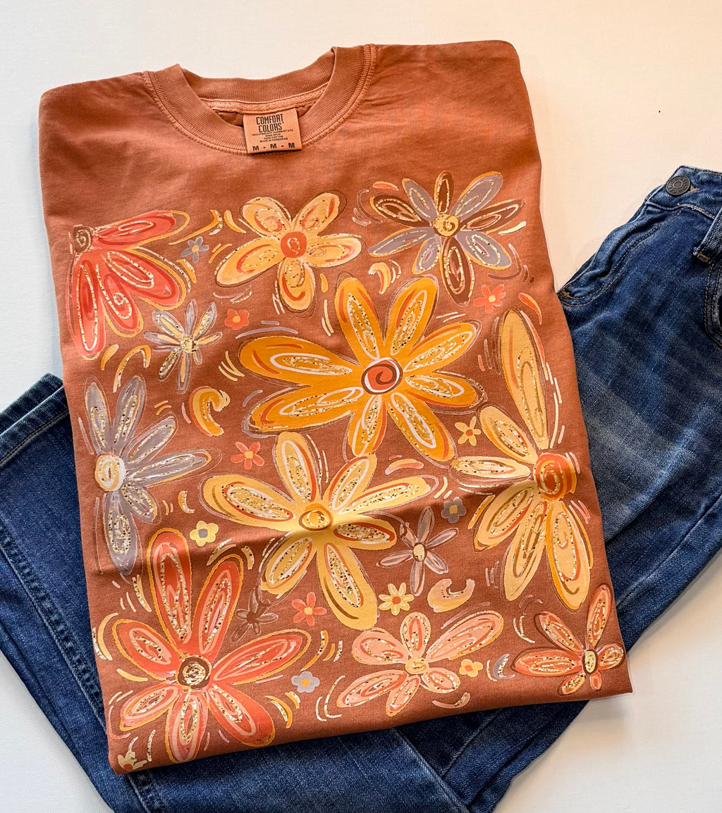 Fall Floral Graphic T-Shirt – Colorful Drawn Floral Autumn Tee | Free Shipping