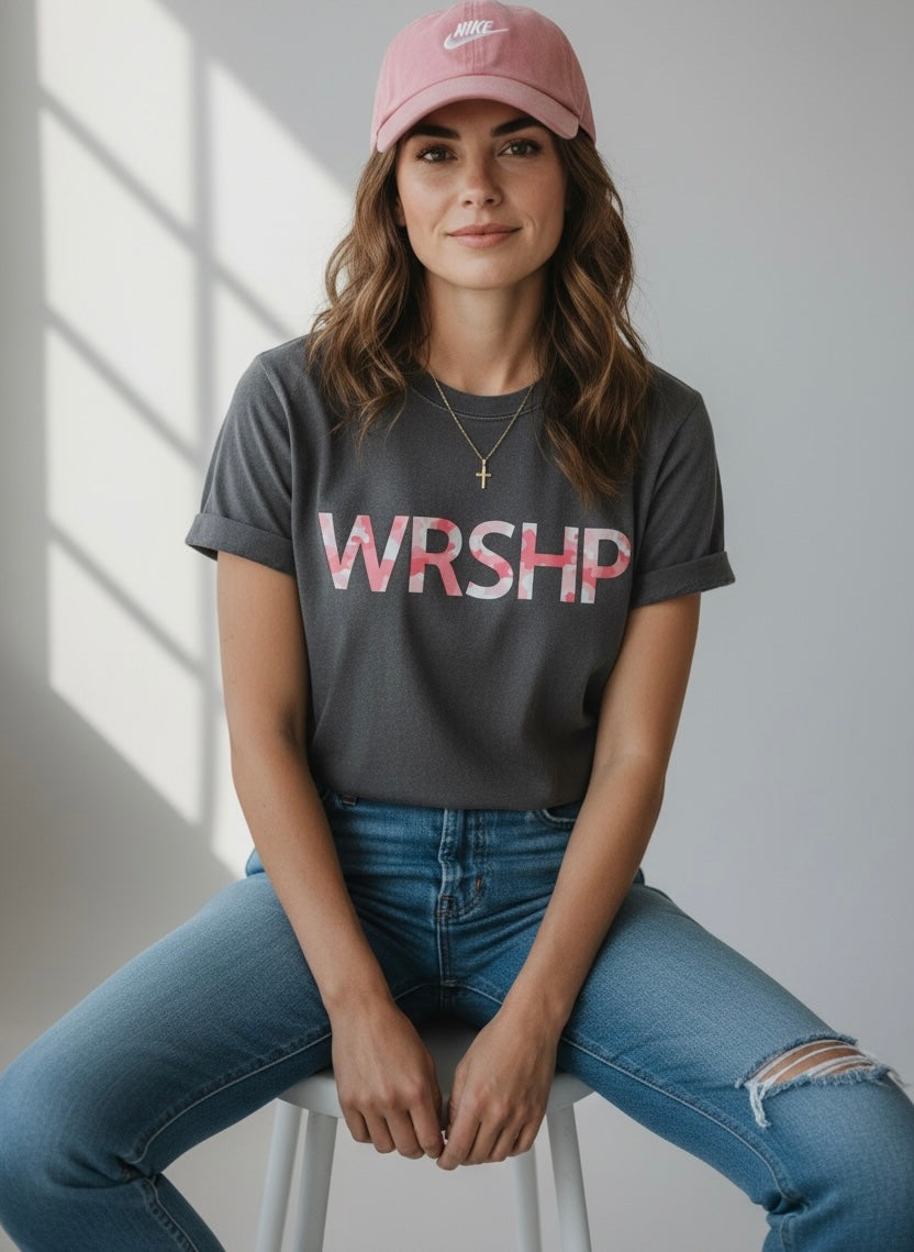 WRSHP Pink Camo Christian Graphic Tee – Gray Comfort Colors