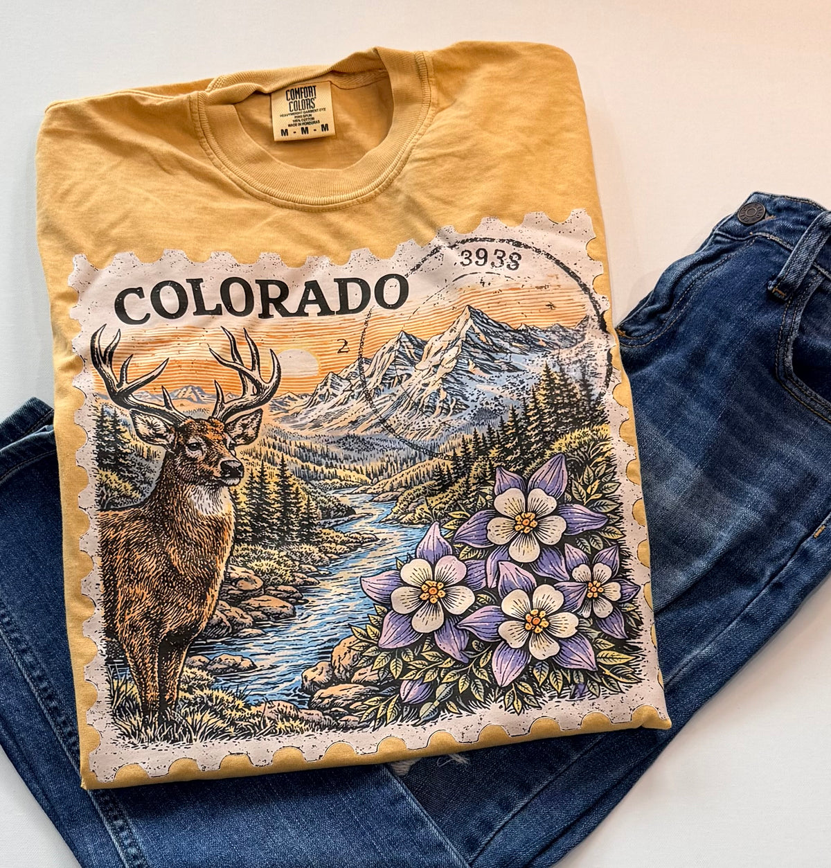 Colorado Stamp Graphic T-Shirt – Mountain & Deer Design |  Free Shipping