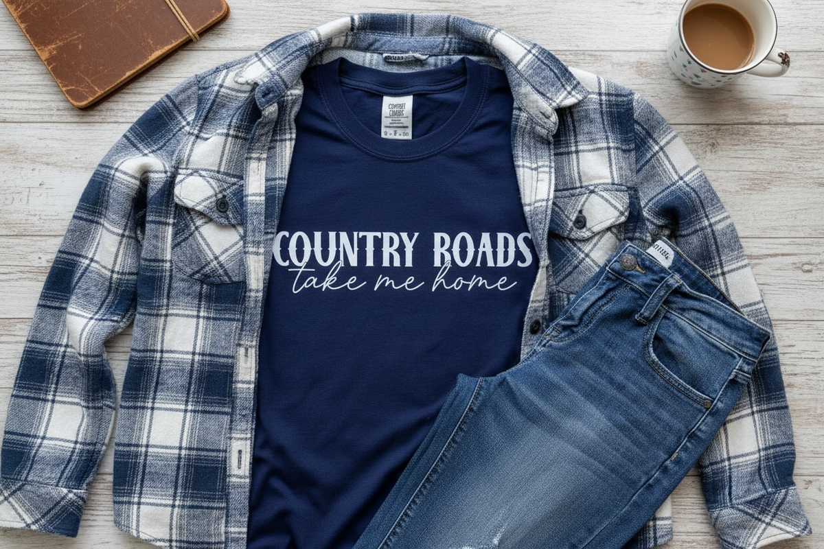 Country Roads Take Me Home Comfort Colors® Graphic T-Shirt – Navy | Free Shipping