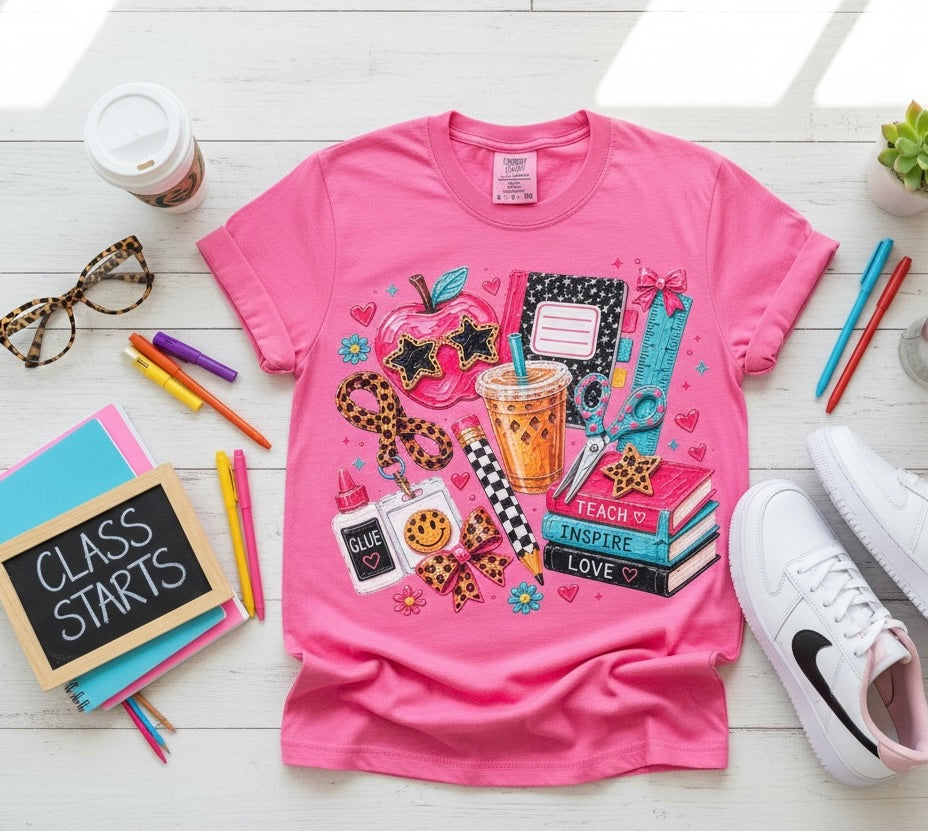 Teacher Life Graphic Tee – Teach Inspire Love Pink T-Shirt | Free Shipping