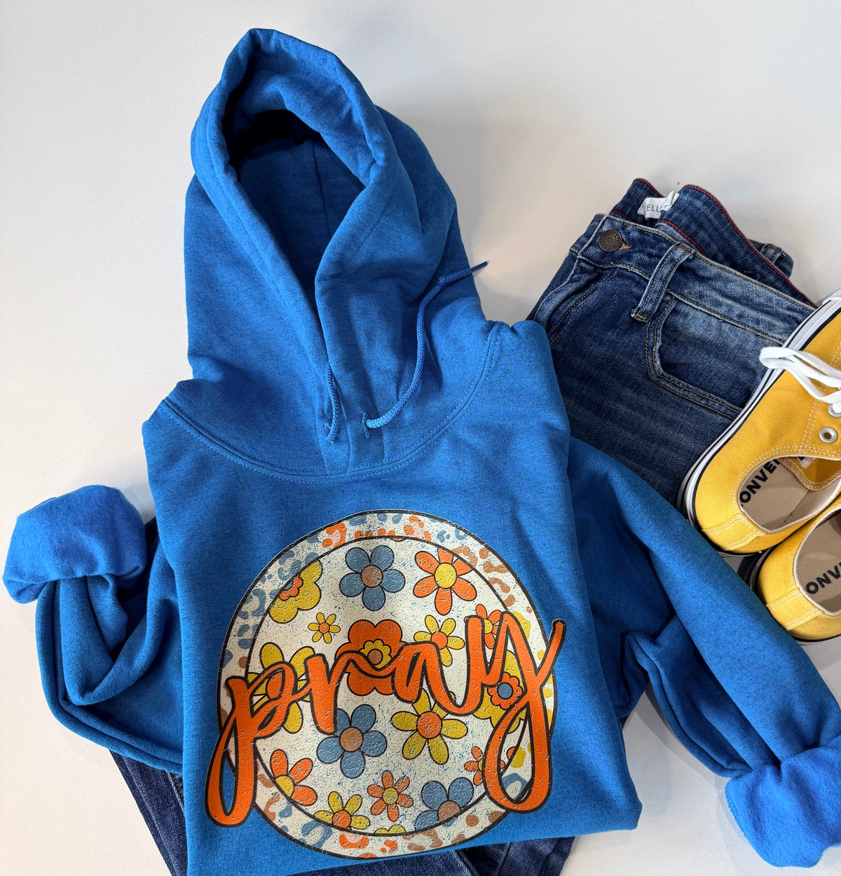 Pray Christian Hoodie – Blue Floral Faith Graphic Hoodie | Free Shipping