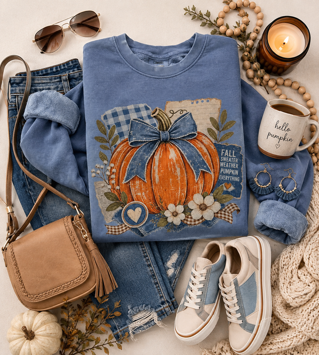 Fall Sweater Weather Pumpkin Graphic Sweatshirt – Light Blue | Free Shipping