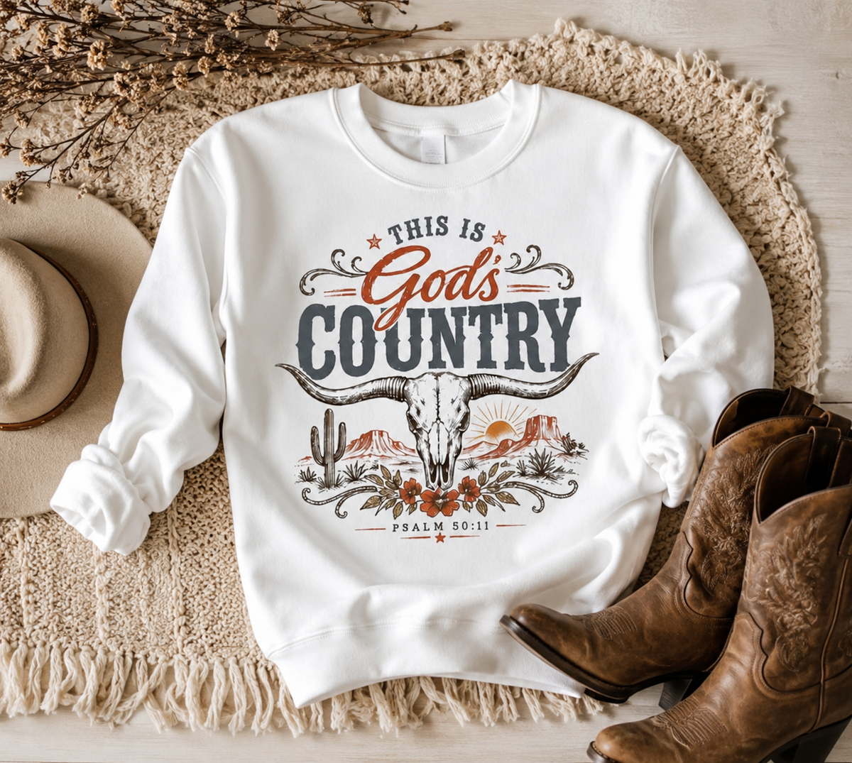 This Is God’s Country Longhorn Christian Graphic Sweatshirt – White | Free Shipping