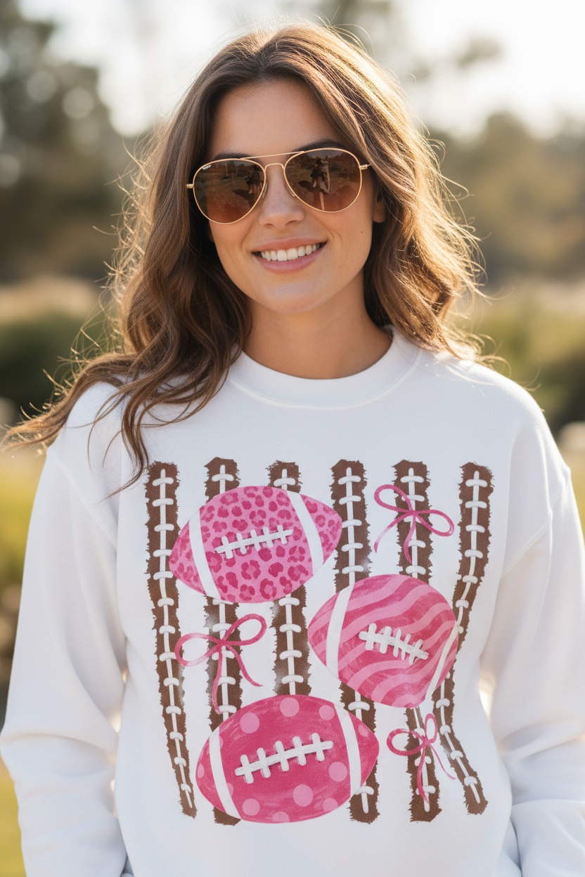 A woman wearing aviator sunglasses and a white crewneck sweatshirt with a graphic of three pink patterned footballs in front of brown football laces photographed outdoors in warm natural light.