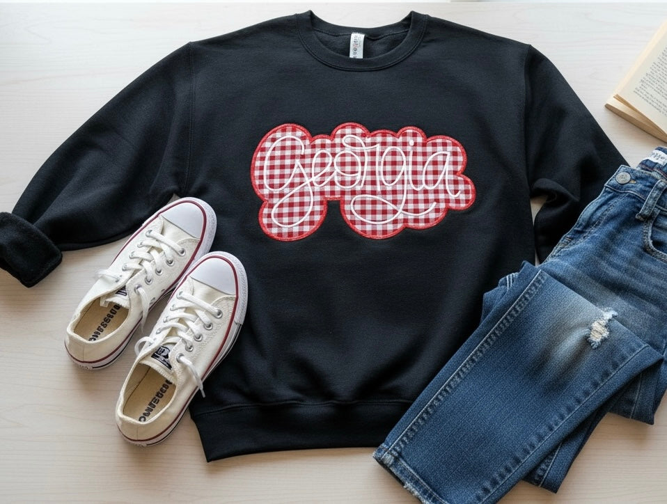 Georgia Gingham Appliqué Embroidered Sweatshirt – Black | Free Shipping