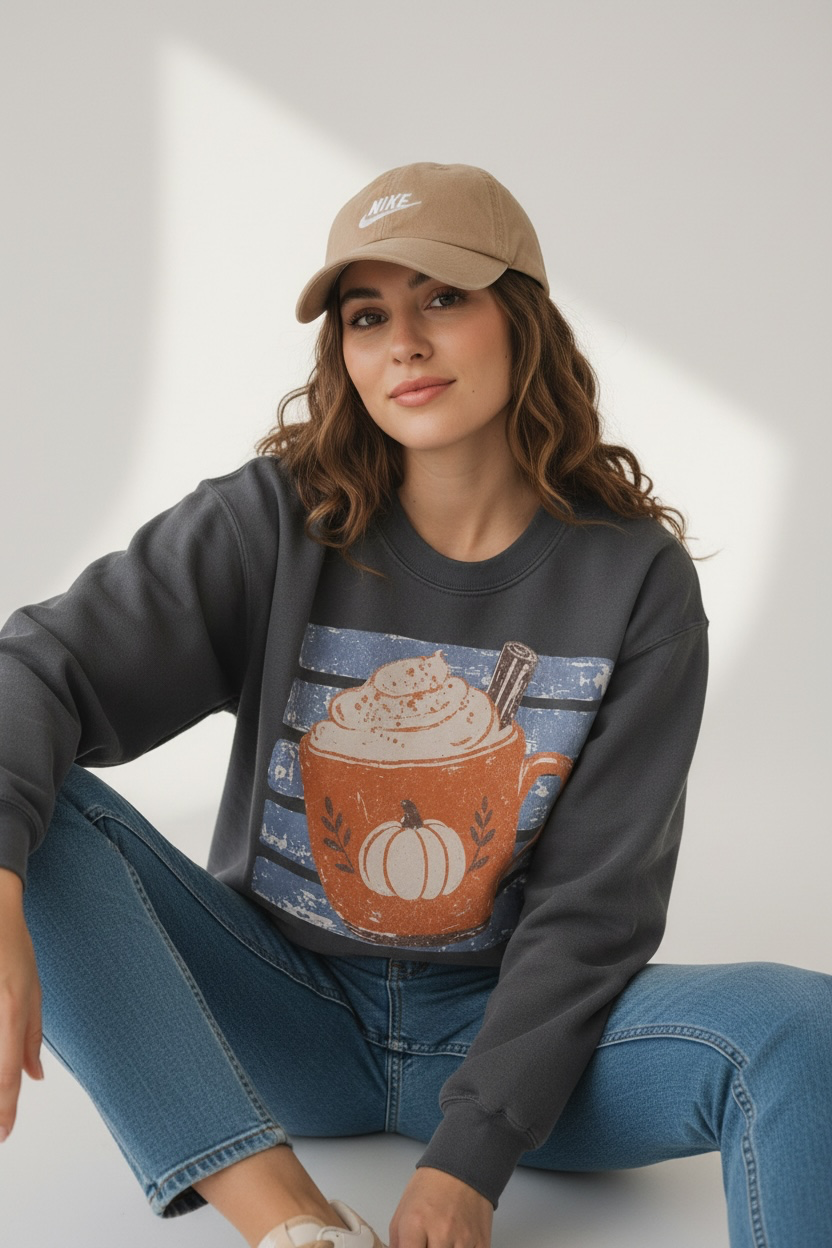 A woman wearing a dark gray crewneck sweatshirt with a fall-themed mug graphic, paired with blue jeans and a tan baseball cap, sitting against a light gray wall with soft window shadows.