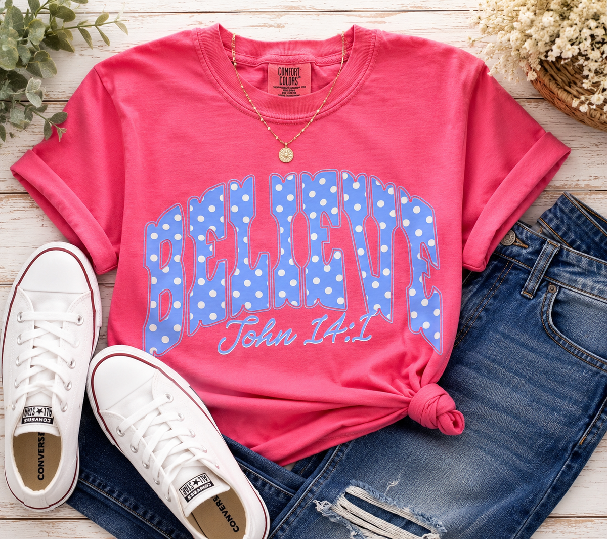 Believe John 14:1 Christian T-Shirt – Pink Bible Verse Graphic Tee | Free Shipping