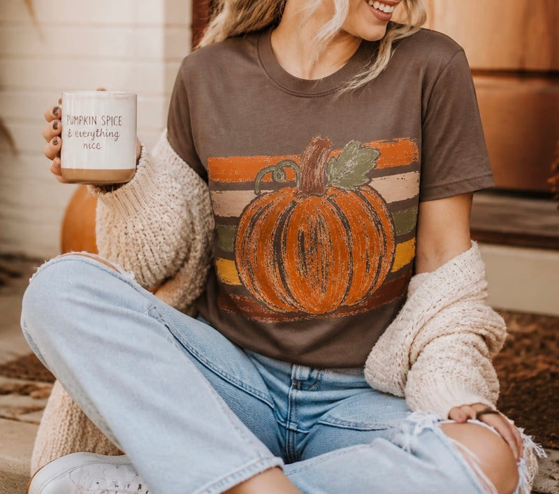 Painted Pumpkin Fall Stripes Graphic T-Shirt