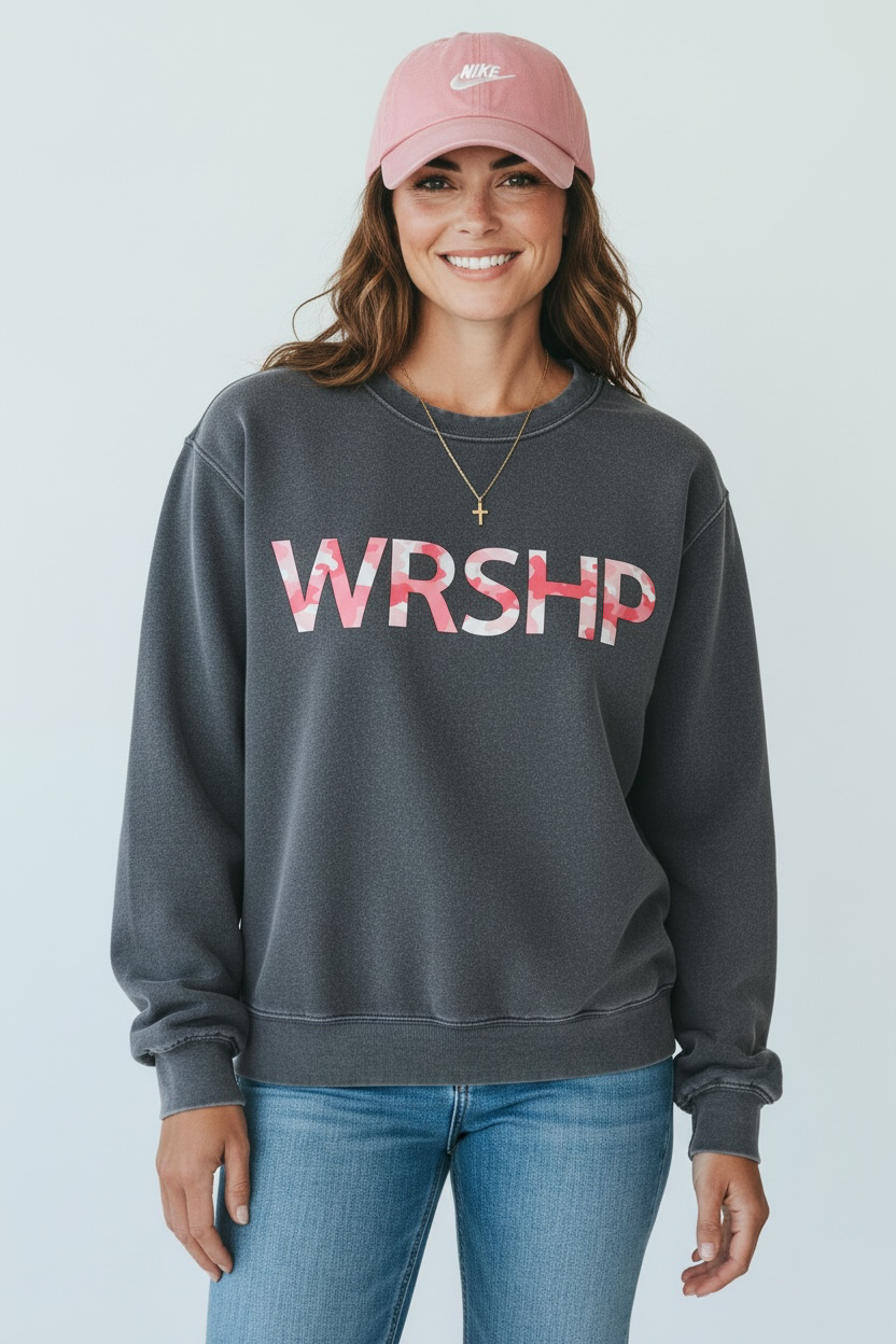 WRSHP Pink Camo Christian Sweatshirt – Gray