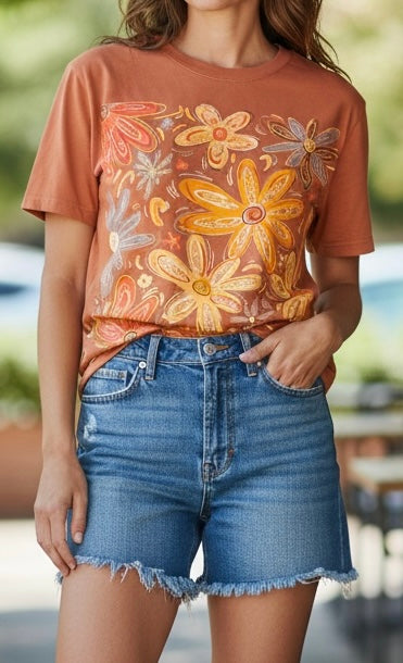 Fall Floral Graphic T-Shirt – Colorful Drawn Floral Autumn Tee | Free Shipping