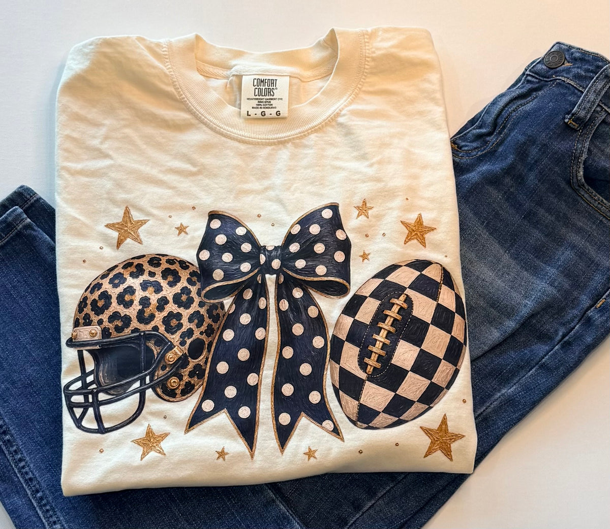 Football Bow Leopard & Checkered Graphic T-Shirt – Cream | Free Shipping