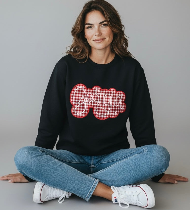 Georgia Gingham Appliqué Embroidered Sweatshirt – Black | Free Shipping