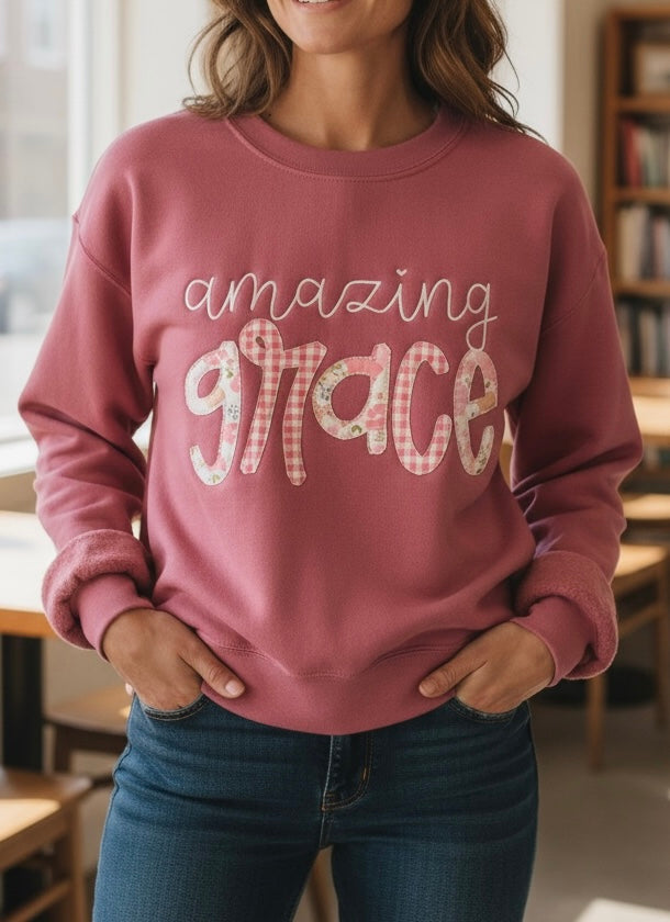 Amazing Grace embroidered appliqué sweatshirt in dusty rose