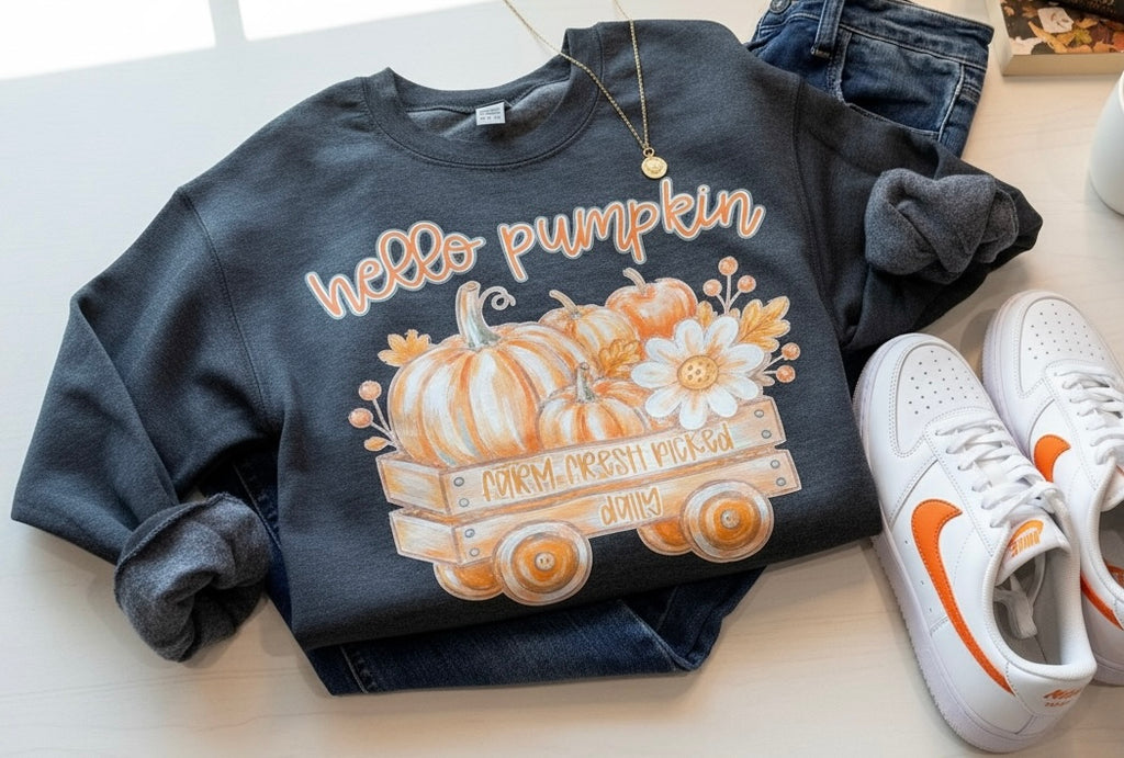 Hello Pumpkin Farm Fresh Graphic Sweatshirt – Gray | Free Shipping