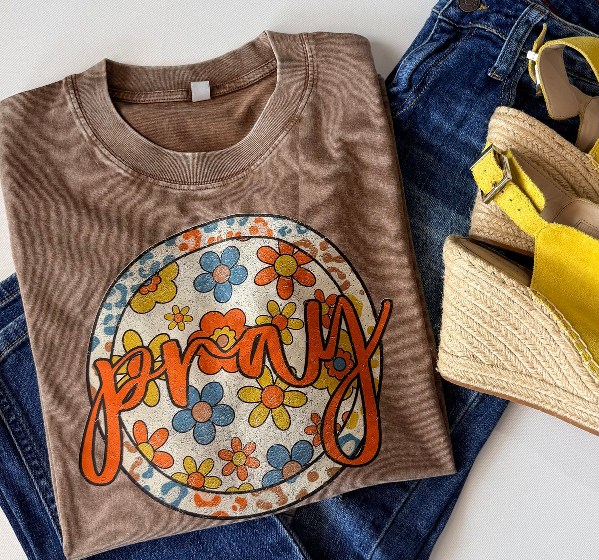 Pray Christian T-Shirt – Brown Stone Washed Floral Graphic Tee | Free Shipping
