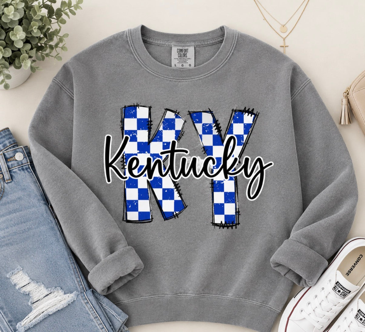 KY Kentucky Graphic Sweatshirt – Gray, Blue & White | Free Shipping