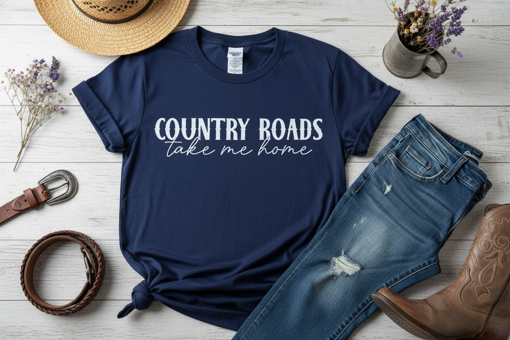 Country Roads Take Me Home Comfort Colors® Graphic T-Shirt – Navy | Free Shipping