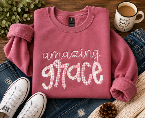Amazing Grace Embroidered Appliqué Comfort Colors Sweatshirt – Dusty Rose