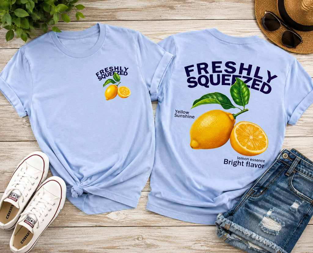 Freshly Squeezed Lemon Front & Back Graphic T-Shirt – Light Blue | Free Shipping