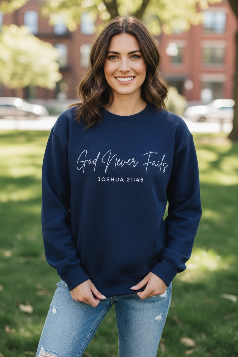A smiling woman standing outdoors on a grassy lawn wearing a navy blue crewneck sweatshirt with the white text 'God Never Fails' and 'JOSHUA 24:15' printed on the front, paired with light blue jeans.