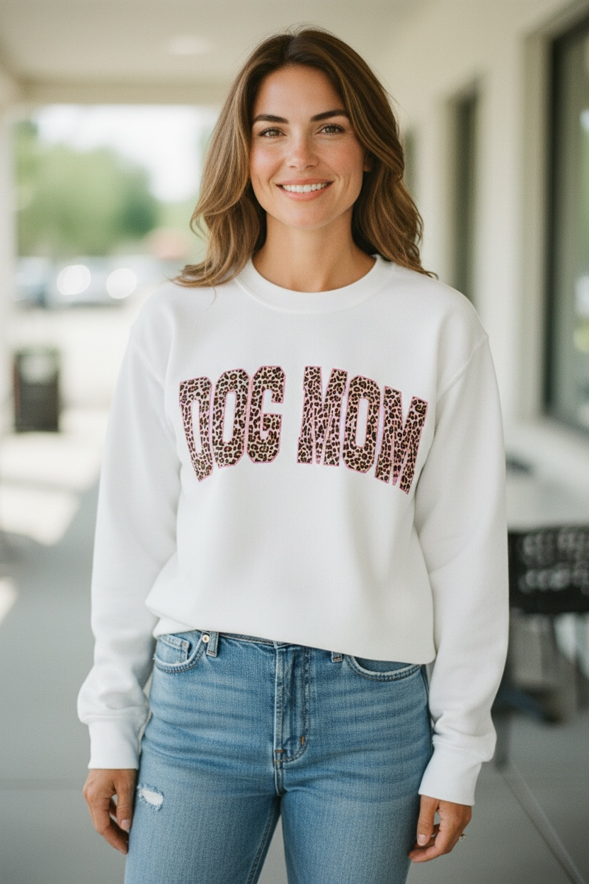 A woman wearing a white crewneck sweatshirt with 'DOG MOM' printed across the chest in leopard-print letters, paired with light-wash blue jeans, standing in a brightly lit, modern indoor hallway.