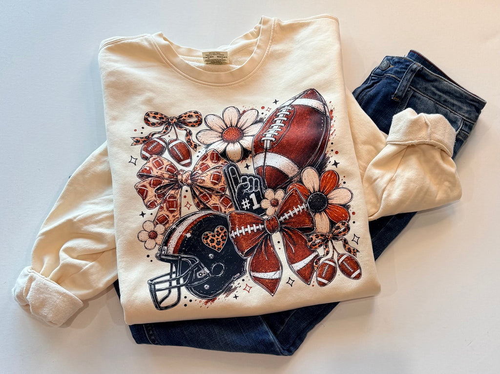 Country Football Bows & Flowers Graphic Sweatshirt – Cream | Free Shipping
