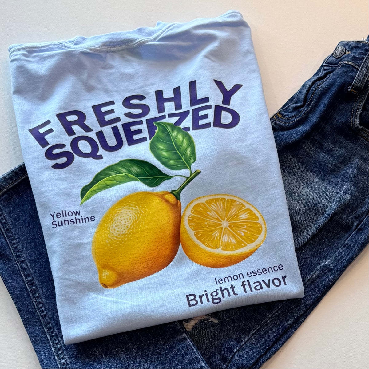 Freshly Squeezed Lemon Front & Back Graphic T-Shirt – Light Blue | Free Shipping