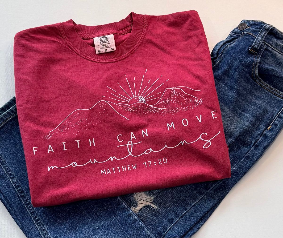 Faith Can Move Mountains Matthew 17:20 Christian Graphic T-Shirt – Maroon | Free Shipping