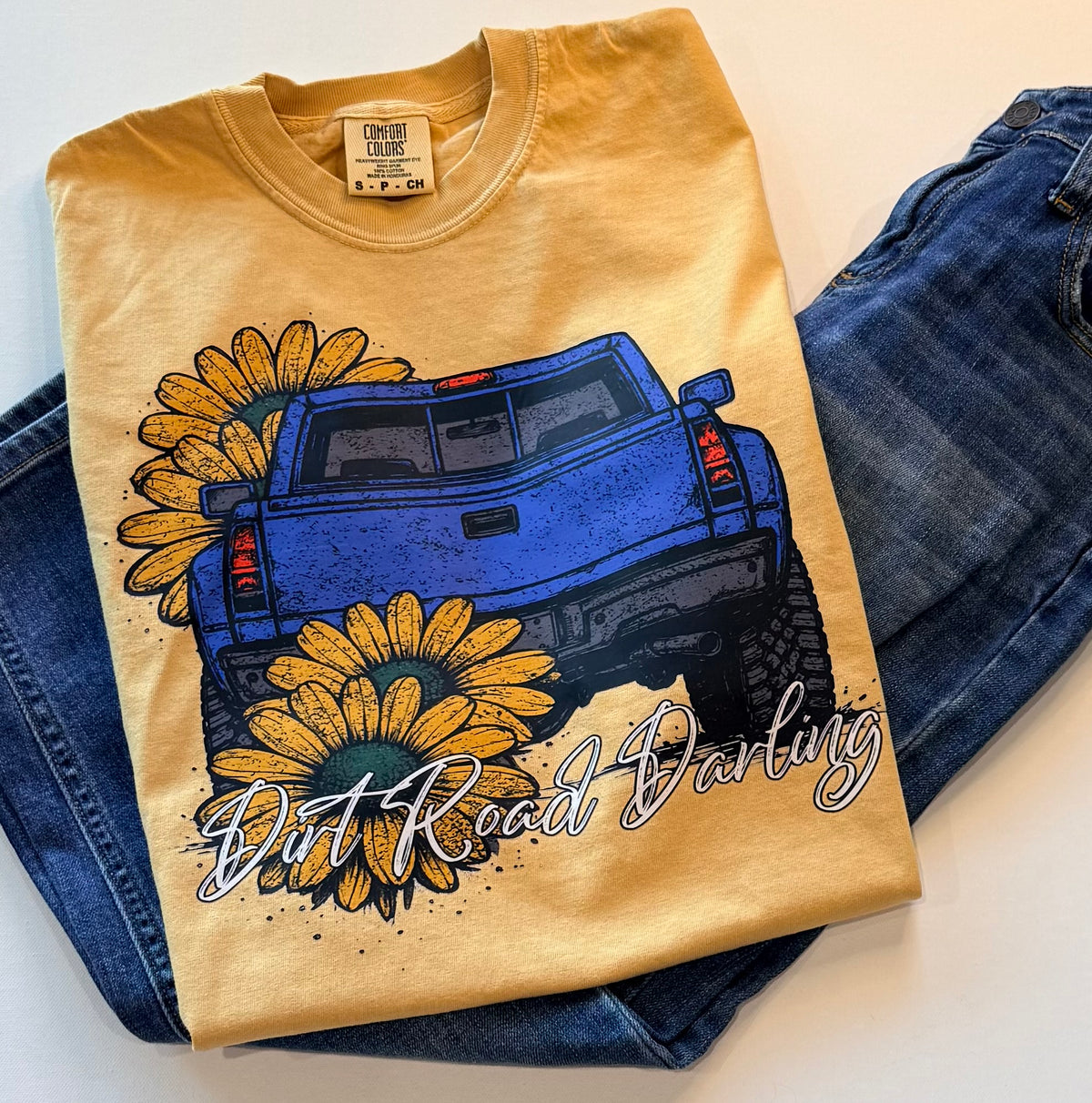Dirt Road Darling Blue Truck & Sunflowers Graphic T-Shirt – Yellow | Free Shipping