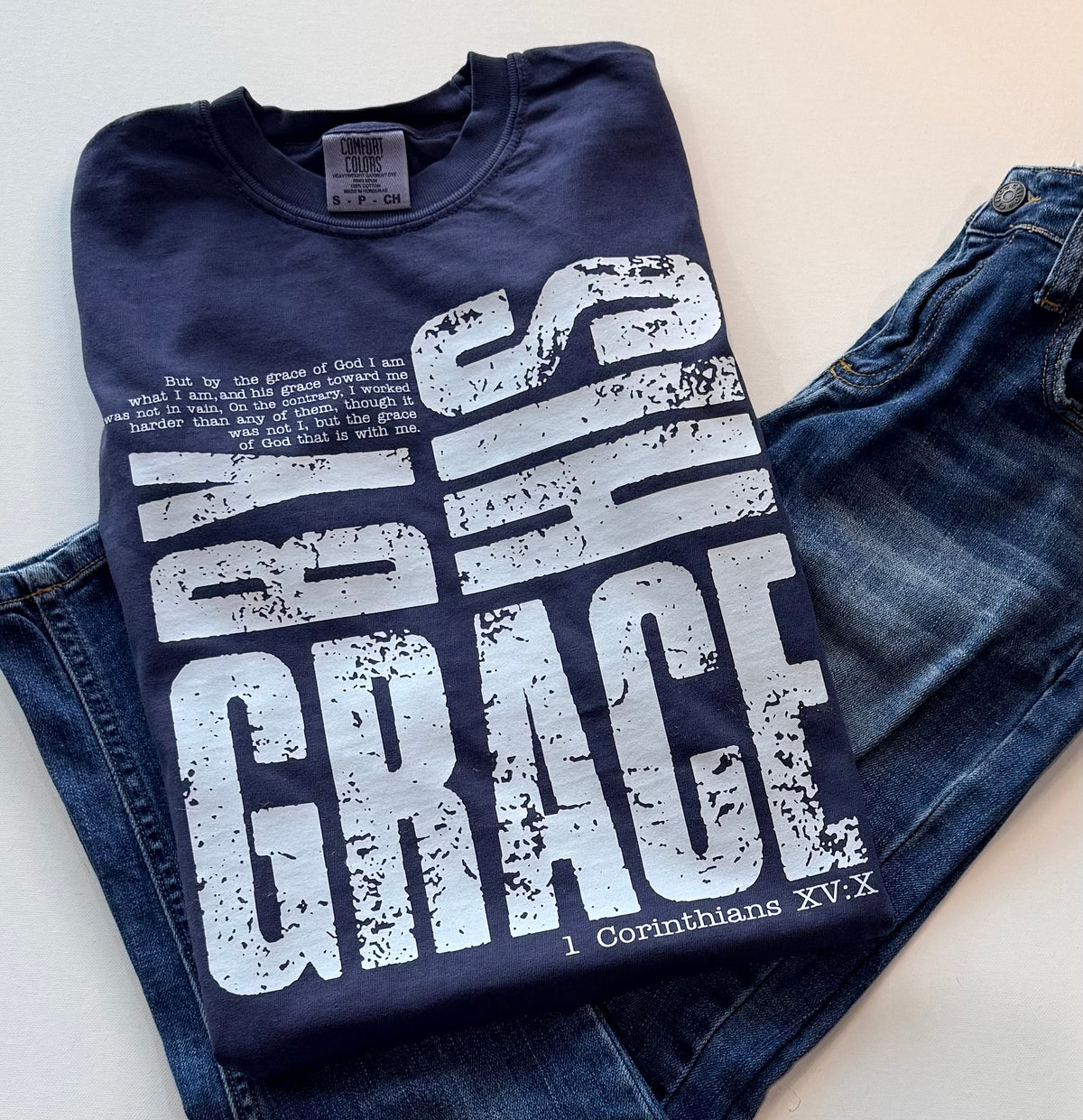 By His Grace Christian Graphic Tee – Navy Comfort Colors® | Free Shipping