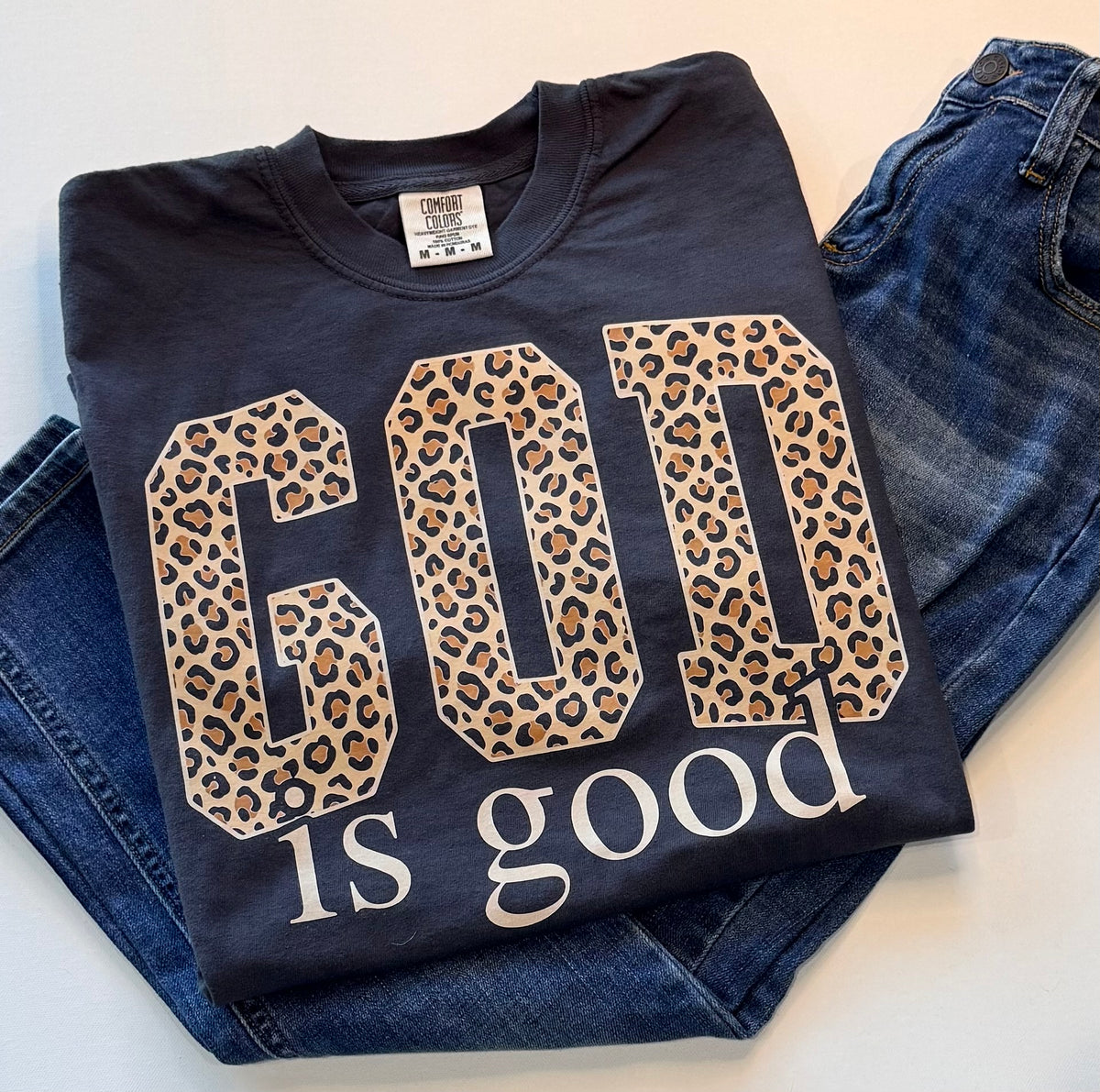 God Is Good Leopard Print Christian Graphic T-Shirt – Navy Blue | Free Shipping