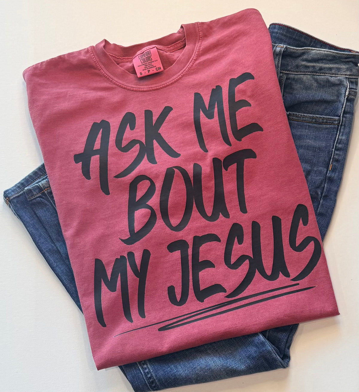 Ask Me About My Jesus Christian Graphic T-Shirt – Dusty Rose | Free Shipping