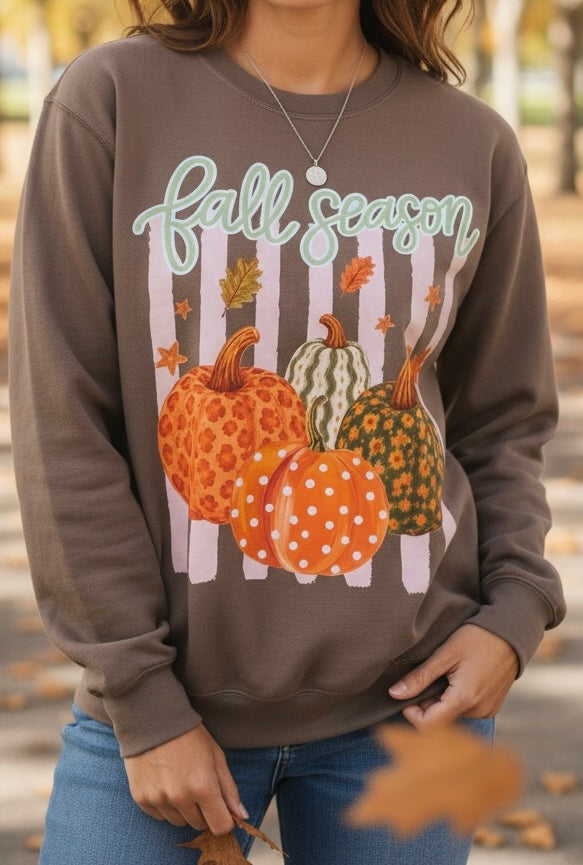 A woman wearing a brown crewneck sweatshirt with a 'Fall Season' graphic featuring pumpkins, striped background, and leaves, paired with blue jeans in an outdoor autumn setting.