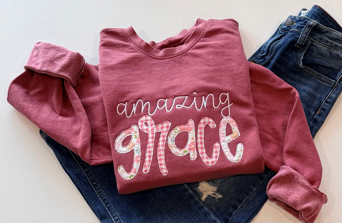 Amazing Grace Embroidered Appliqué Comfort Colors Sweatshirt – Dusty Rose