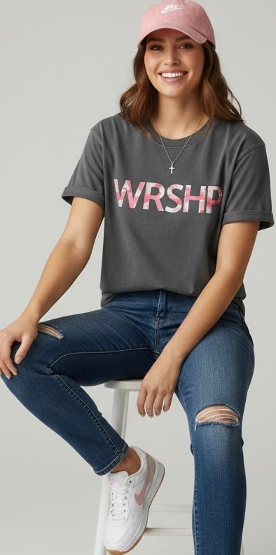 WRSHP Pink Camo Christian Graphic Tee – Gray Comfort Colors