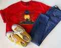 Red t-shirt with a lantern design, yellow sneakers, and blue jeans on a white background